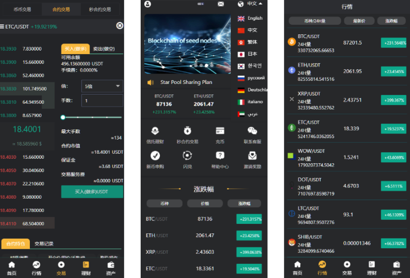 9多语言交易所系统/币币交易/秒合约交易/合约交易/锁仓挖矿/信托理财/新币申购/闪兑/黑白双色主题二开版-凡客源码